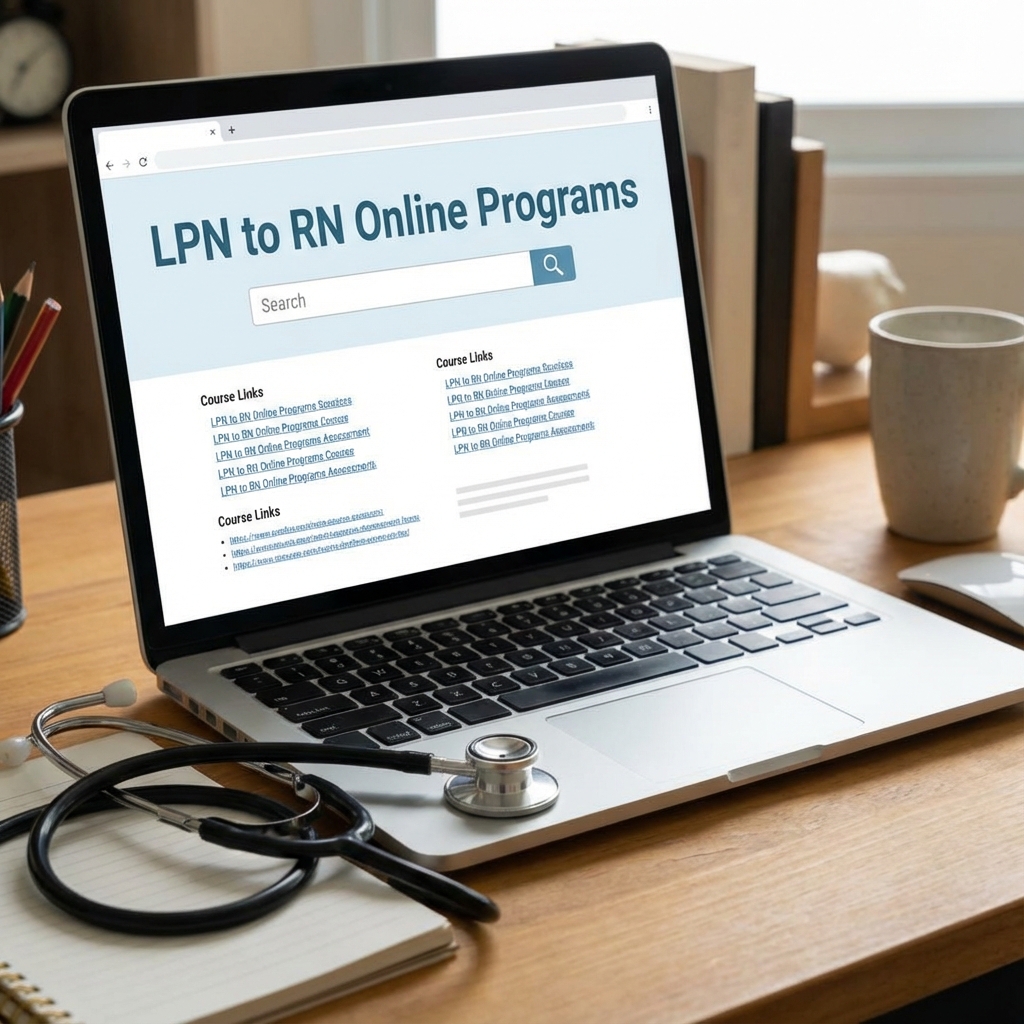 LPN to RN online programs on laptop with stethoscope